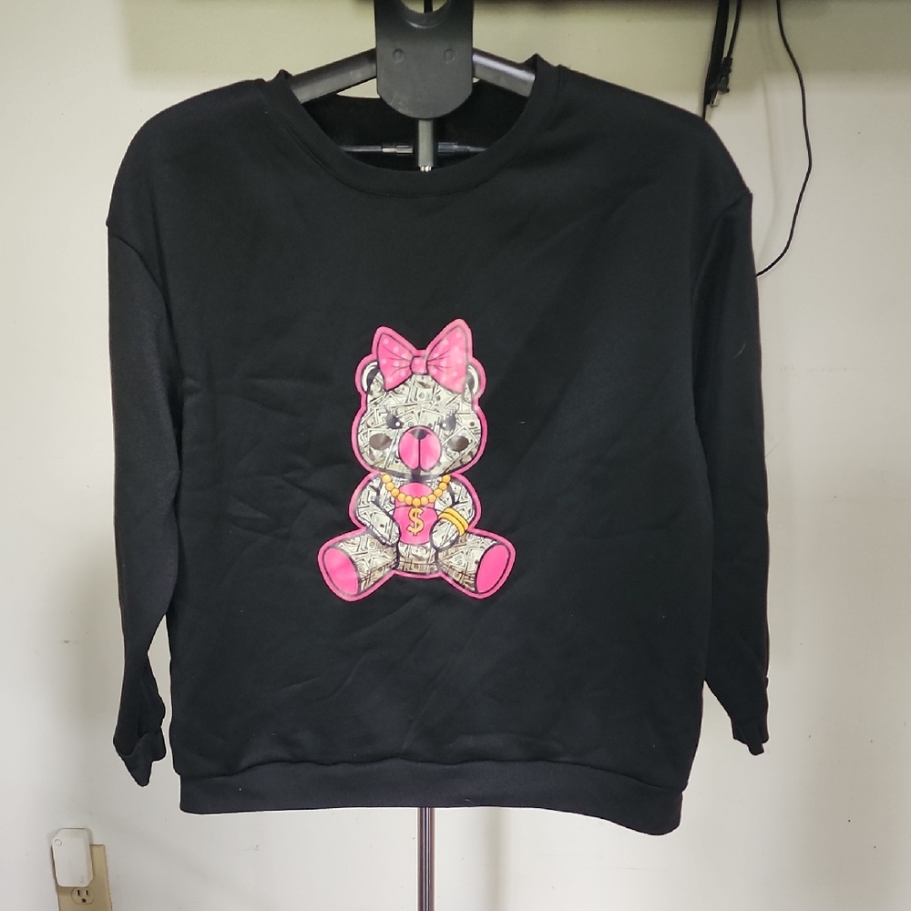 Women's Shein Curve Black Sweatshirt with Pink Bear Design